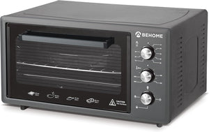 BEHOME Forno Elettrico Ventilato 48 litri con Girarrosto, Autopulente e Smaltato, Temperatura fino a 320° Doppio Vetro con Luce Interna e Timer 2 Teglie e 1 Griglia (Grigio)