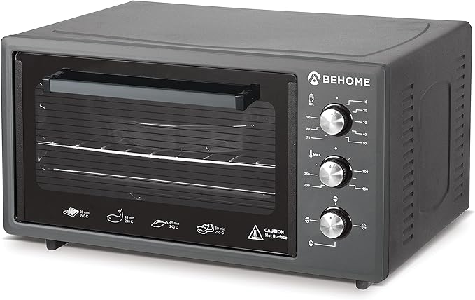BEHOME Forno Elettrico Ventilato 48 litri con Girarrosto, Autopulente e Smaltato, Temperatura fino a 320° Doppio Vetro con Luce Interna e Timer 2 Teglie e 1 Griglia (Grigio)