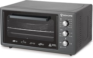 BEHOME Forno Elettrico Ventilato 48 litri con Girarrosto, Autopulente e Smaltato, Temperatura fino a 320° Doppio Vetro con Luce Interna e Timer 2 Teglie e 1 Griglia (Grigio)
