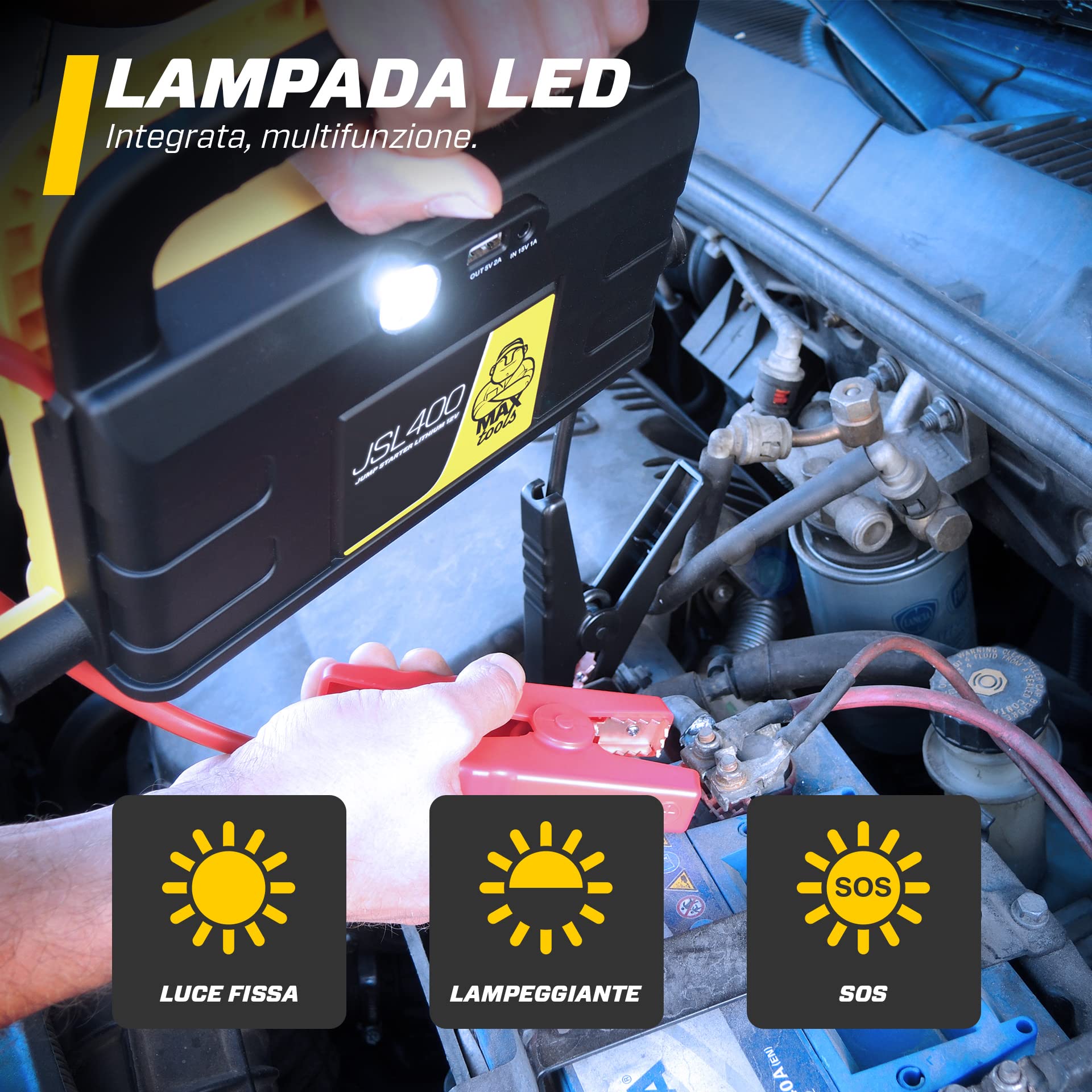 MAXTOOLS JSL400 Avviamento d’Emergenza Professionale per Automobile 2400 A per Veicoli Diesel e a Benzina di Grandi Dimensioni, Potente e Sicuro a 12 V, Batteria al Litio Esterna con USB