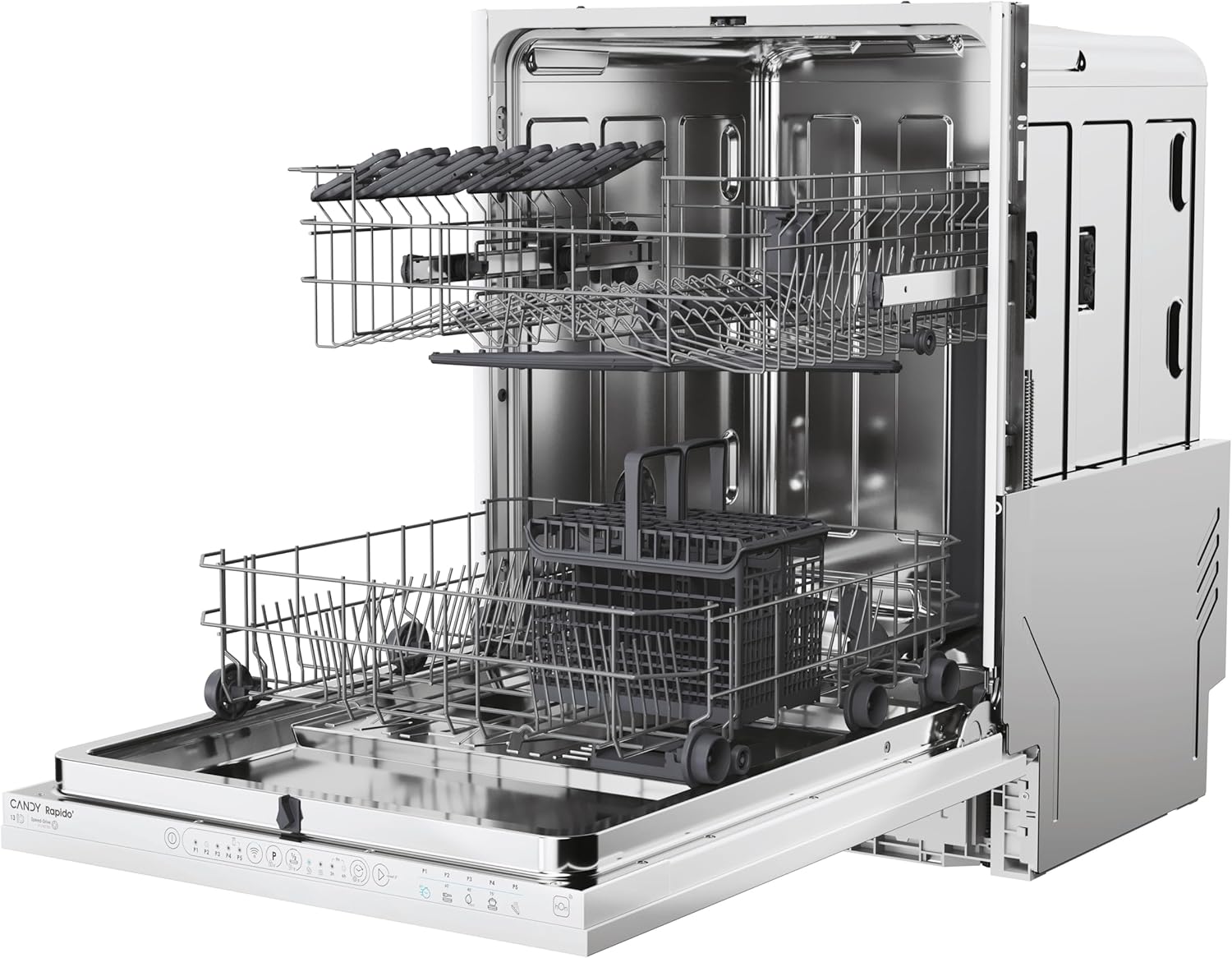 Candy Rapidò CI 3E7L0W, Lavastoviglie Integrabile 60 CM, 13 Servizi, Wi-Fi, 5 programmi, speciale 49', mezza carica, indicatore tempo e sale, 43DB, altezza cestello superiore regolabile, colore bianco