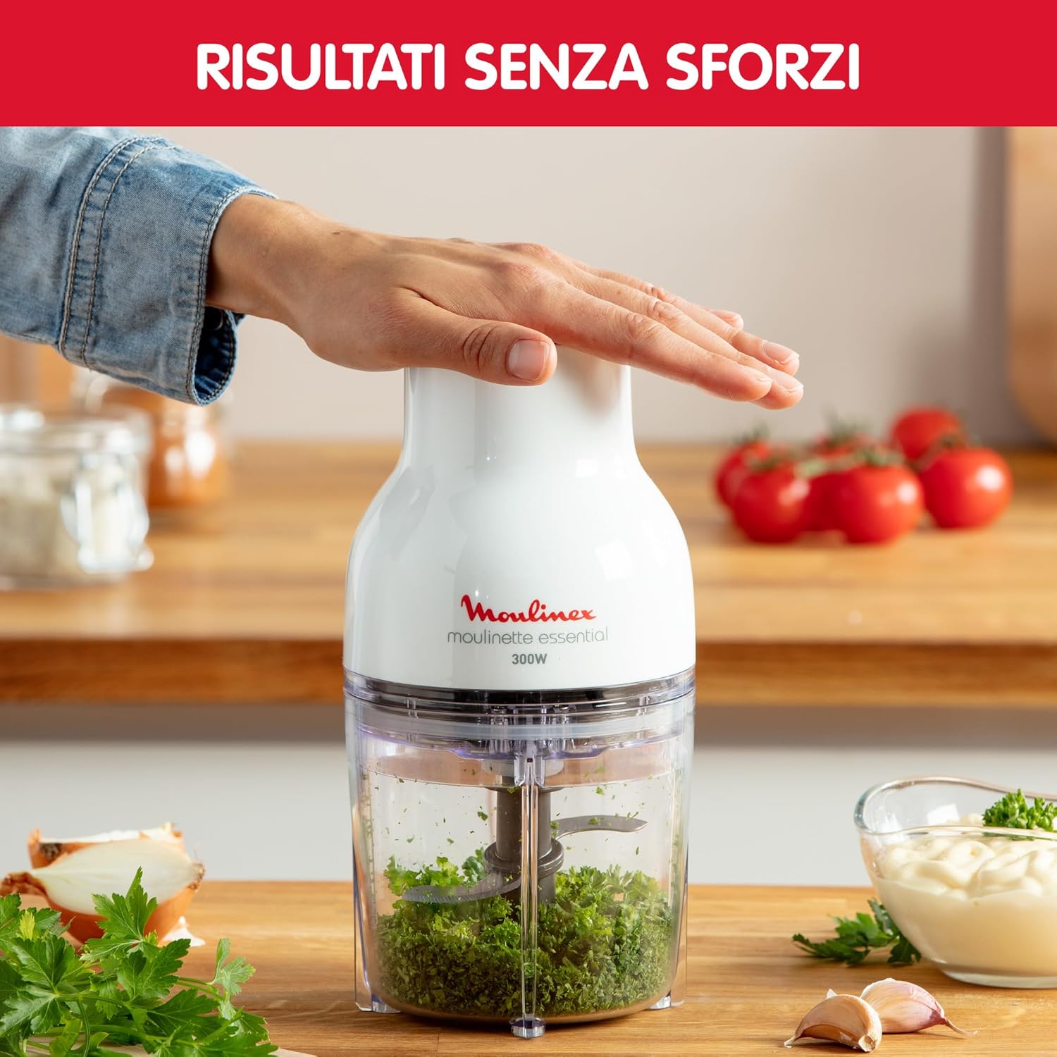 Moulinex DJ5201 Moulinette Essential, 4 Lame Affilate, Trita, Mescola e Sminuzza, Tritatutto, Capacità Recipiente 400 ml, 300 W, Bianco