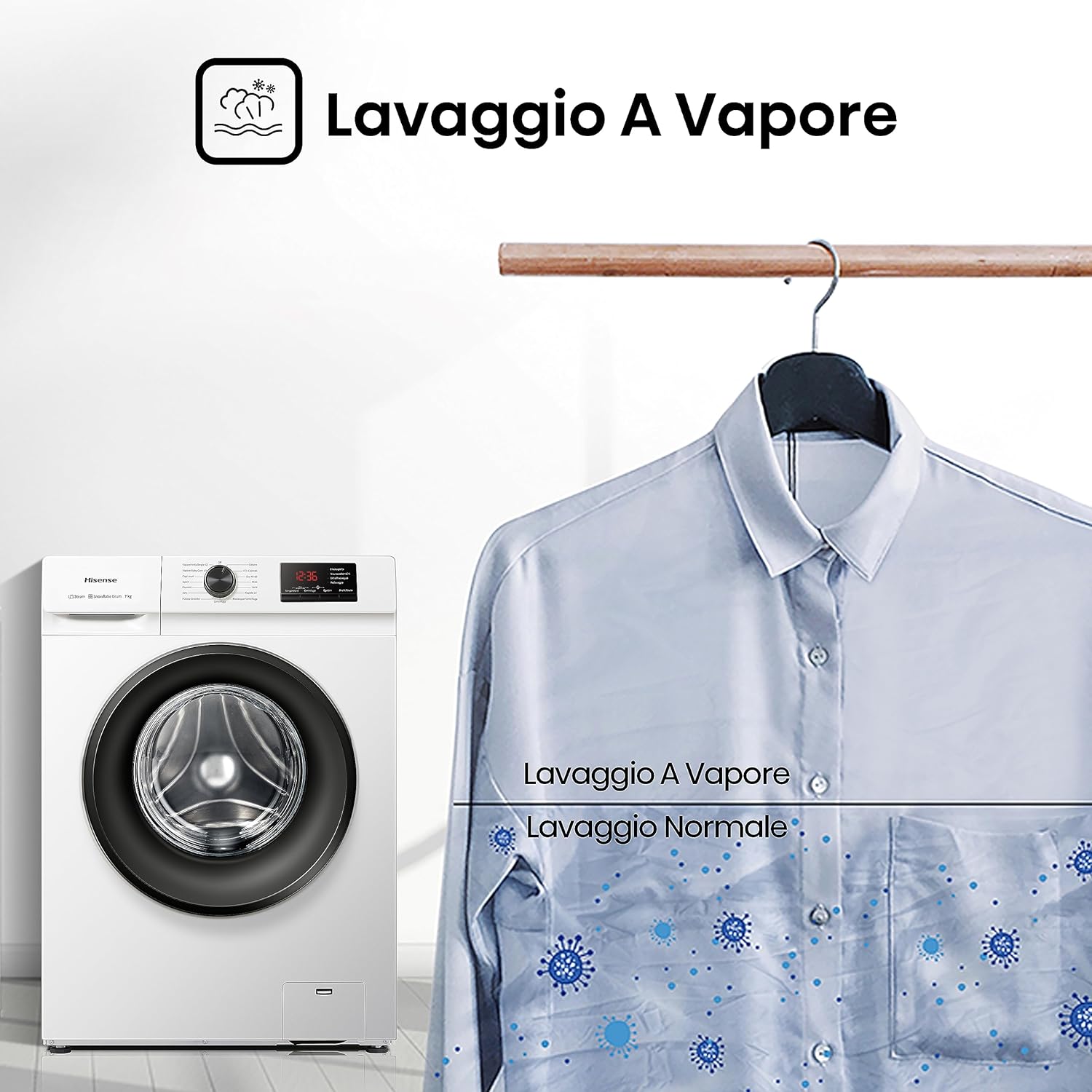 Hisense WFVB7012EM - Lavatrice a Carica Frontale 7 Kg, 1200 rpm, 15 Programmi, Vapore, Display LED, Programma Rrapido, Partenza Ritardata, Child Lock
