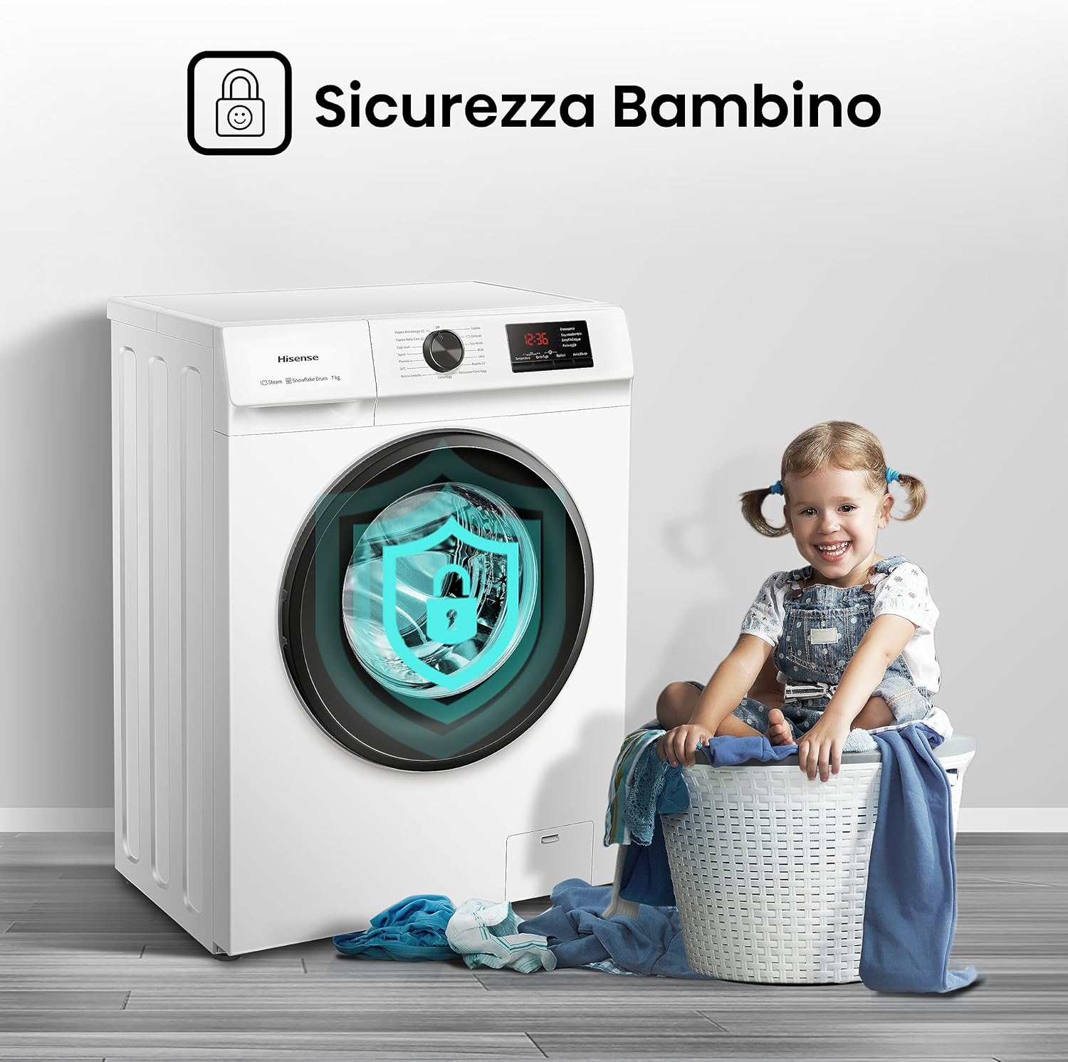 Hisense WFVB7012EM - Lavatrice a Carica Frontale 7 Kg, 1200 rpm, 15 Programmi, Vapore, Display LED, Programma Rrapido, Partenza Ritardata, Child Lock
