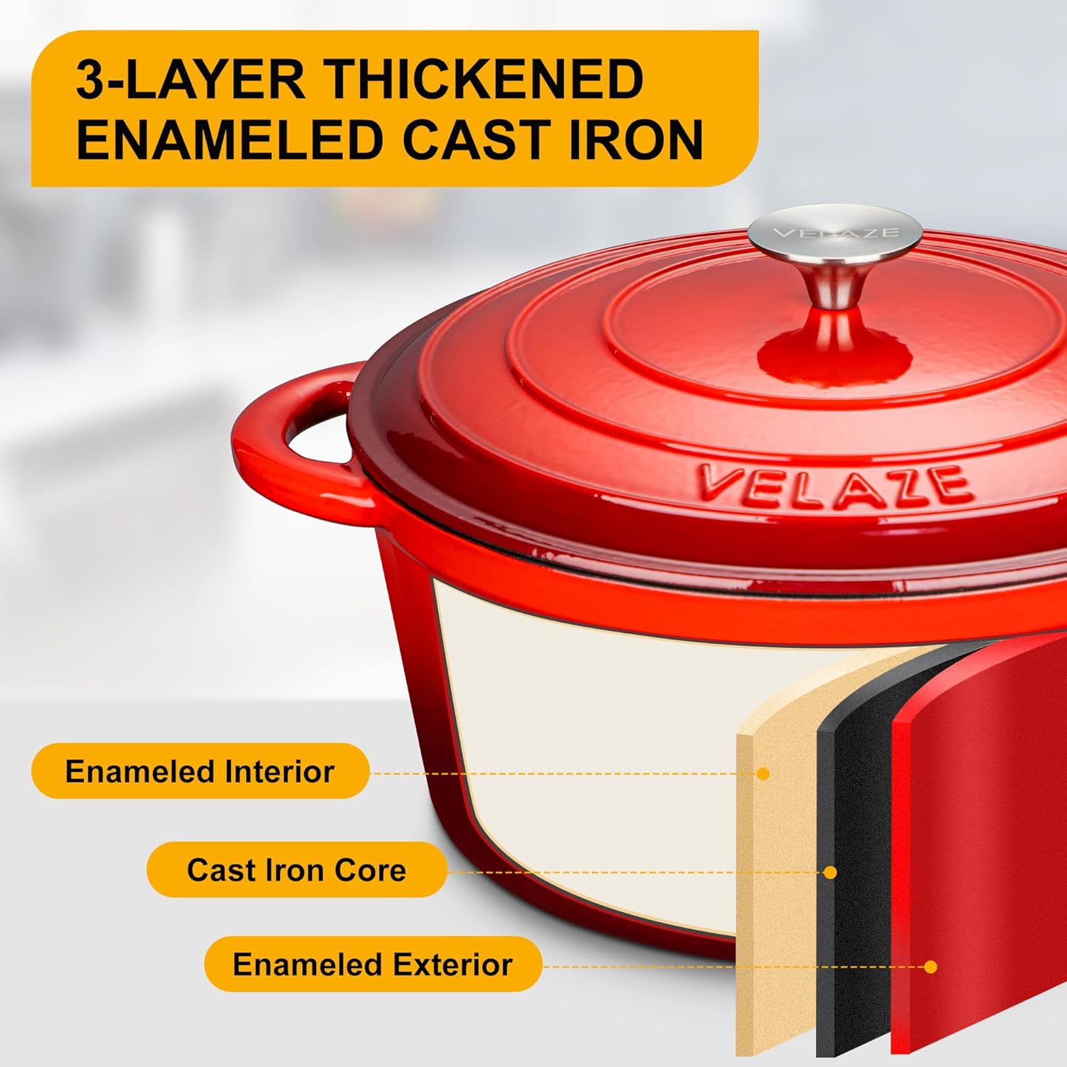 Velaze Casseruola in Ghisa, Pentola a Induzione per Stufati, Cocotte Casseruola con Coperchio in Rivestimento Smaltato, Forno Olandese, Rosso, Rotondo - 29 cm, 6,5 L