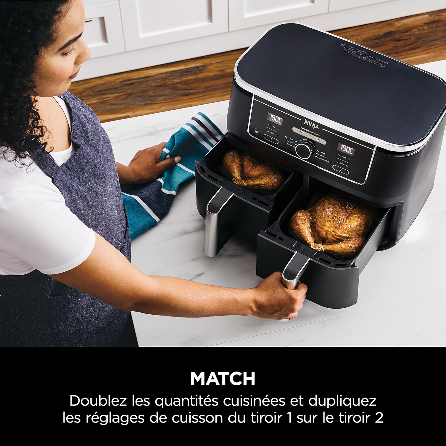 Ninja Foodi Max Dual Zone Friggitrice ad Aria digitale, 2 Cestelli Antiaderenti, 9.5L, 6 in 1, Massima Croccantezza, Frigge Senza Olio, Arrostisce, Cottura Forno, Disidrata, 8 Porzioni, Nero, AF400EU