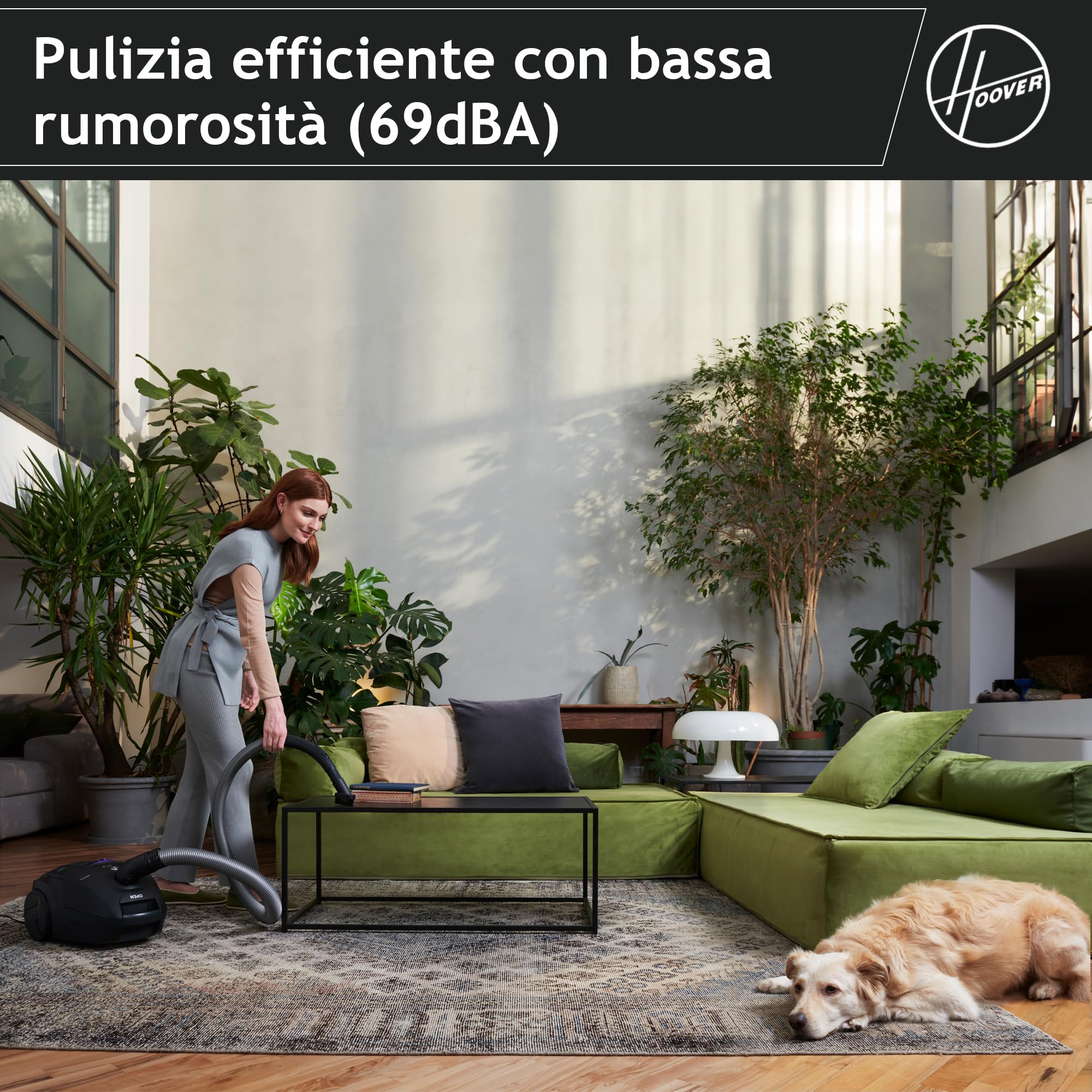Hoover HP1 potente aspirapolvere senza sacchetto per pavimenti duri e tappeti, filtro antipolvere EPA, grande contenitore 2L, accessori integrati, raggio di lavoro 7,5 m