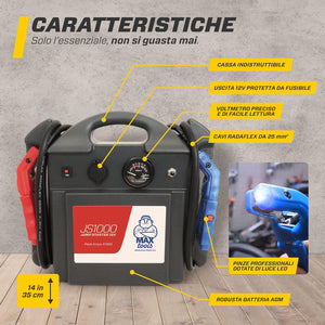 MAXTOOLS JS1000 Avviatore Emergenza Portatile Professionale 1380 A 12 V 22 Ah con 4140 A di Spunto, Jump Starter, Booster, Avviatore Auto con Batteria Piombo AGM e Pinze con Luce LED