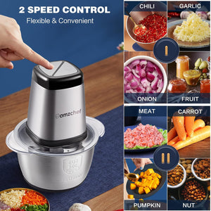 AMZCHEF Tritatutto da Cucina Elettrico, 500W, Mini Tritatutto con Ciotola in Acciaio Inox da 1.5L, 4 Lame Affilate, Multifunzione Tritatutto per Frutta Verdura Carne Spezie