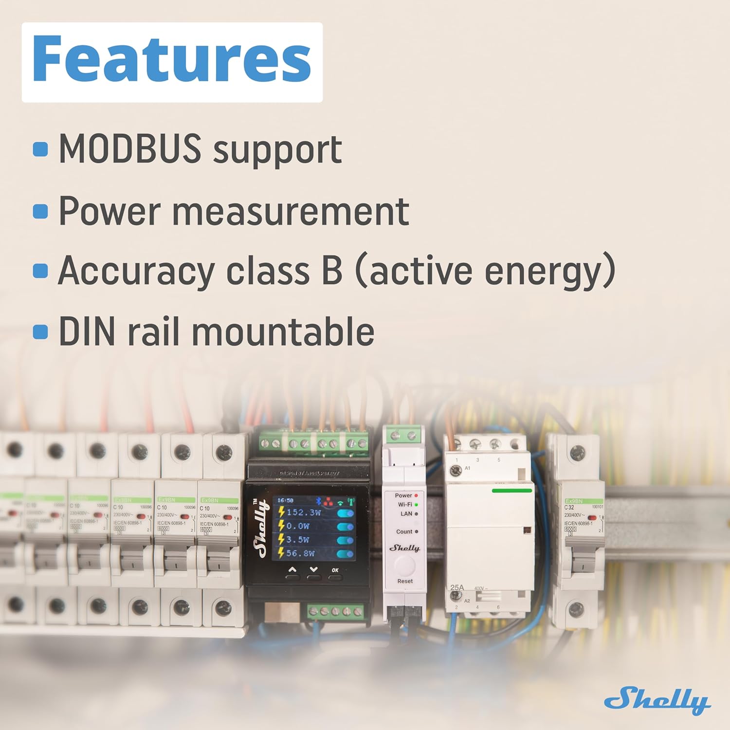 Shelly Pro EM 50A, Contatore di energia Wi-Fi e Bluetooth con comando a Contattori Con Misurazione Dei Consumi, Domotica, Compatibile Con Alexa e Google Home, Nessun Hub Richiesto
