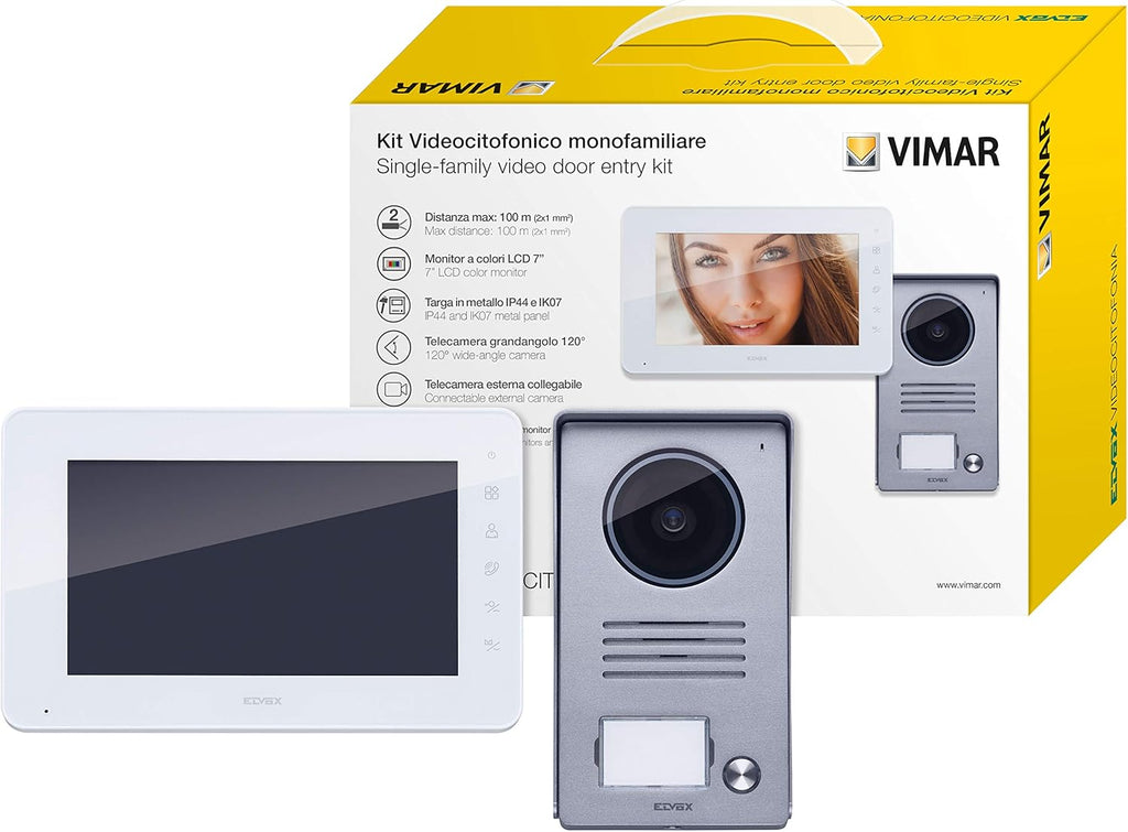 VIMAR K40930 Kit videocitofonico da parete con: videocitofono vivavoce a colori LCD 7" con tastiera capacitiva, targa audiovideo 1 pulsante, alimentatore, completo di staffe per il fissaggio, bianco
