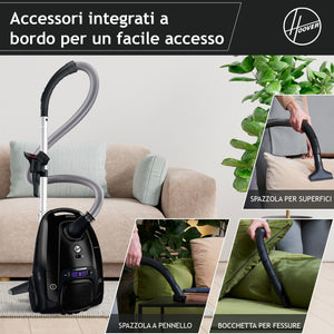 Hoover HP1 potente aspirapolvere senza sacchetto per pavimenti duri e tappeti, filtro antipolvere EPA, grande contenitore 2L, accessori integrati, raggio di lavoro 7,5 m