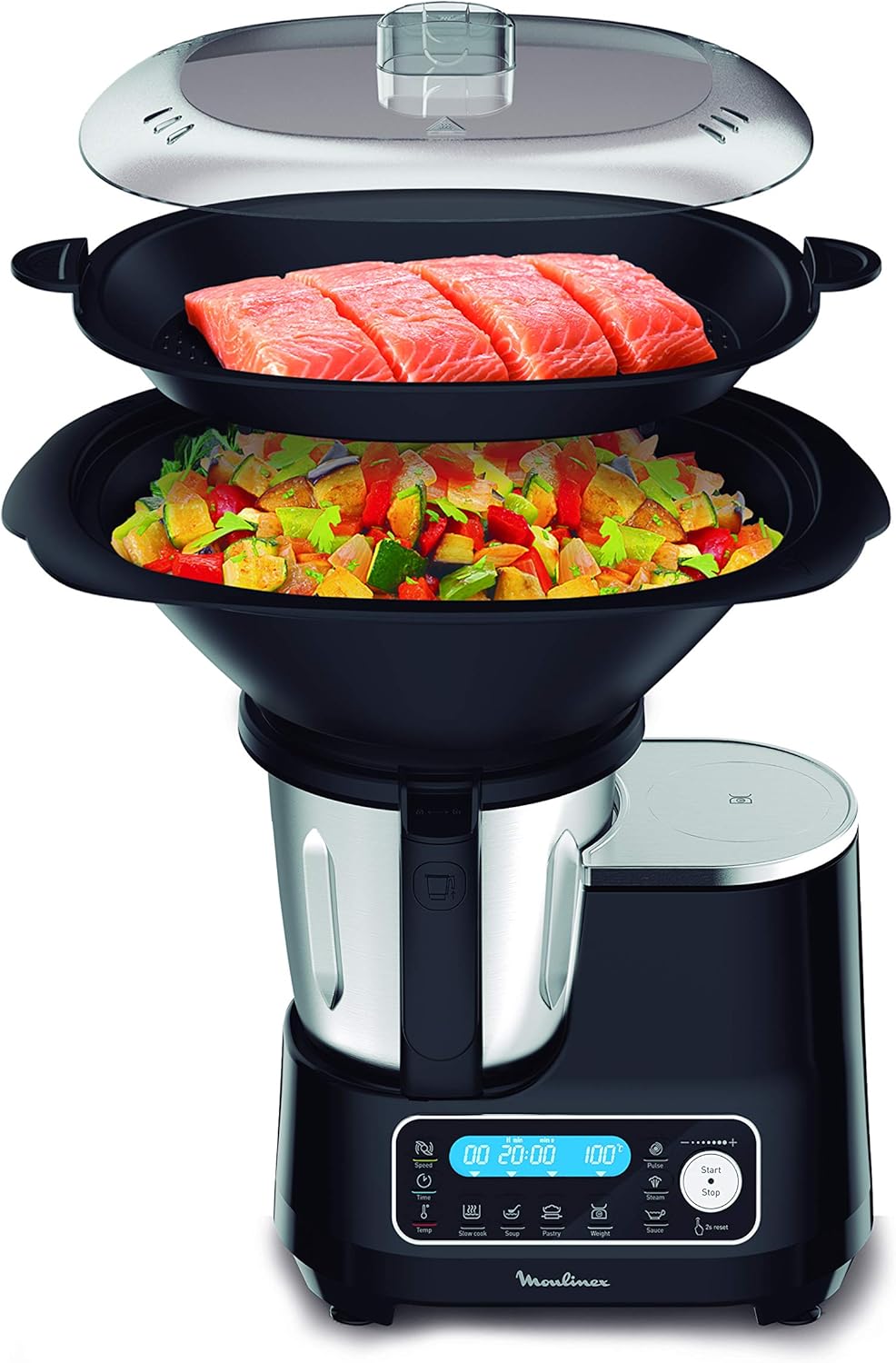 Moulinex HF4568K ClickChef Robot da Cucina Multifunzione, Ricette Pronte in 2 Click, 1400 W, 3.6 L, 30-150 °C, 5 Programmi Automatici e Modalità Manuale, 7 Accessori, Ricettario Incluso (200 Ricette), Nero