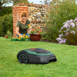 Bosch Home and Garden Indego S+ 500 robot lawnmower (with 18V battery and app function, charging station included, cutting width 19 cm, for lawns up to 500 m², in box), black, green