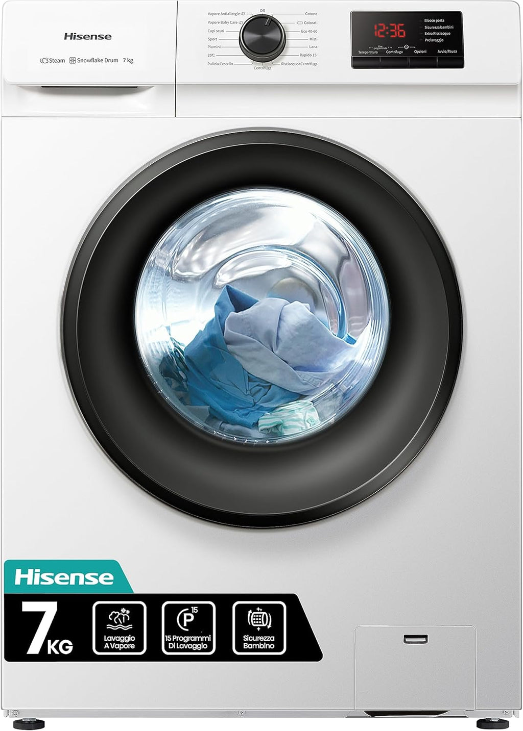 Hisense WFVB7012EM - Lavatrice a Carica Frontale 7 Kg, 1200 rpm, 15 Programmi, Vapore, Display LED, Programma Rrapido, Partenza Ritardata, Child Lock