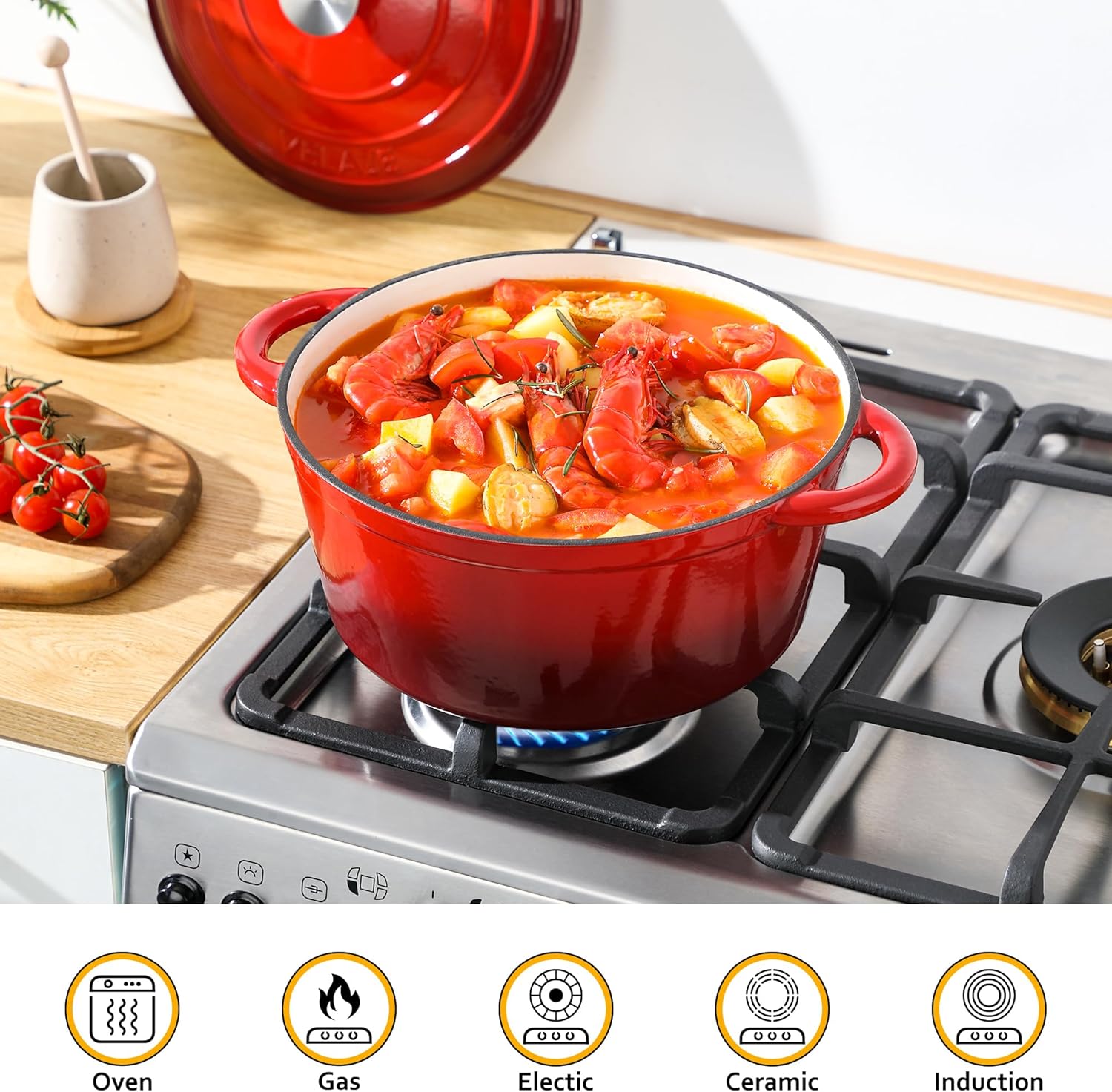 Velaze Casseruola in Ghisa, Pentola a Induzione per Stufati, Cocotte Casseruola con Coperchio in Rivestimento Smaltato, Forno Olandese, Rosso, Rotondo - 29 cm, 6,5 L