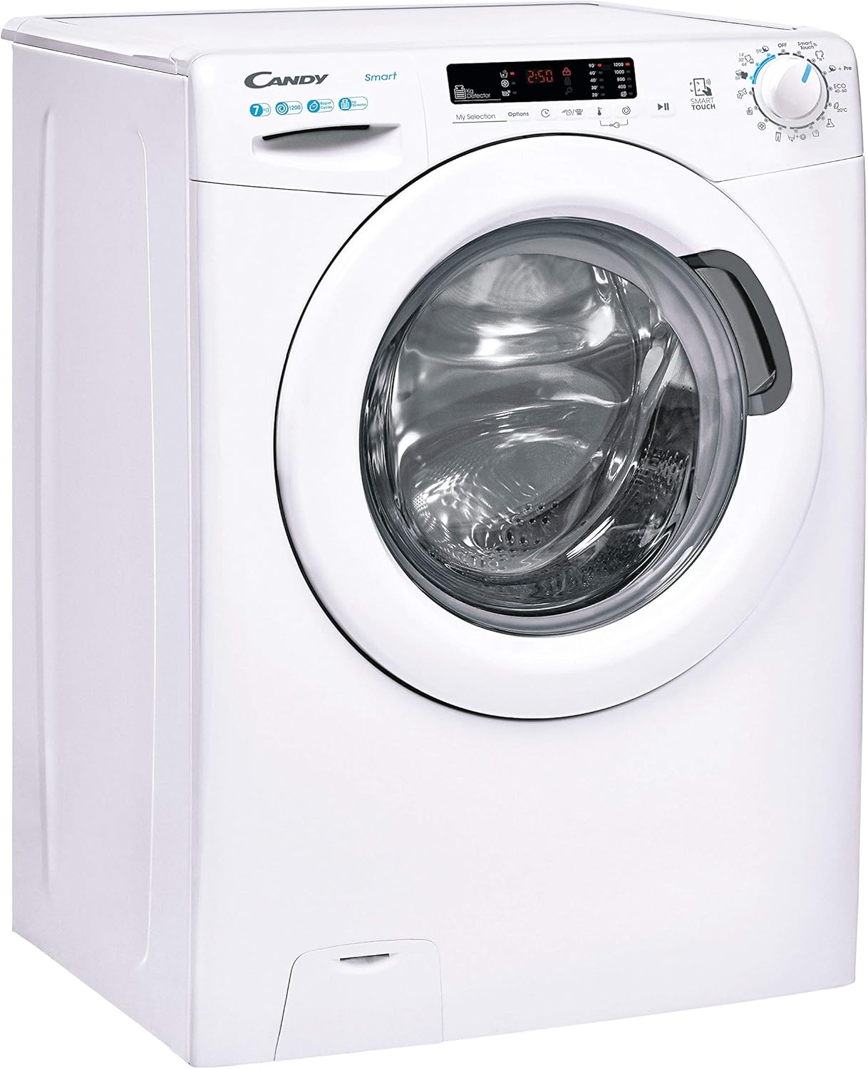 Candy Smart CS4 1272DE/1-S Lavatrice, 7 Kg, 1200 Giri, Connettività NFC, Cicli Rapidi, Rilevatore Kg, Partenza Ritardata, Classe D, 60x45x85 cm, Bianco