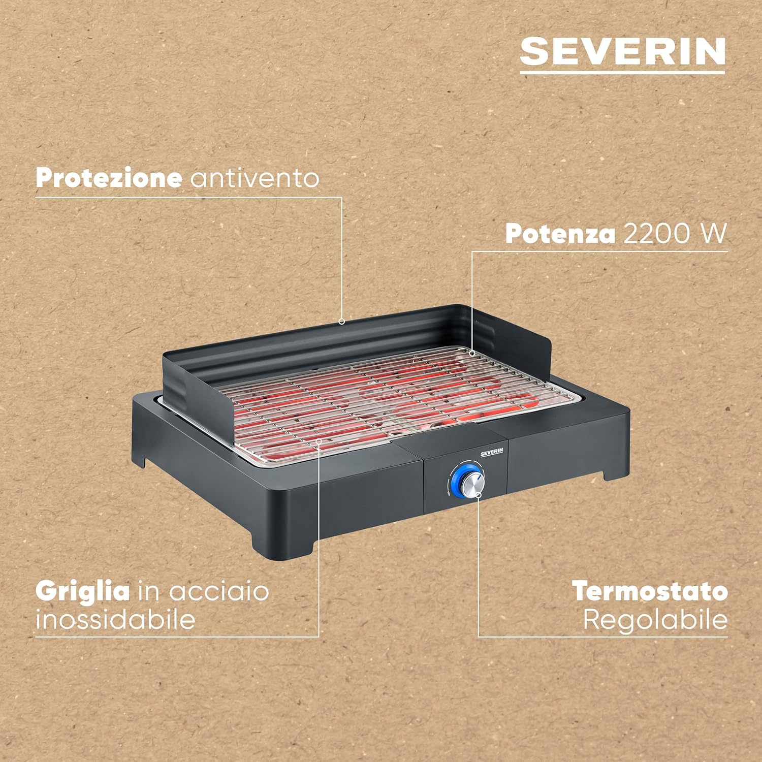 SEVERIN PG 8565 Barbecue elettrico 2200 W in acciaio inox regolabile fino a 250°, Grill elettrico per interni ed esterni con LED, Griglia da tavolo o balcone, fumo e odori ridotti, Nero