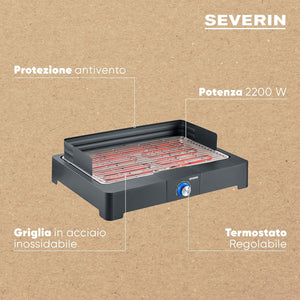 SEVERIN PG 8565 Barbecue elettrico 2200 W in acciaio inox regolabile fino a 250°, Grill elettrico per interni ed esterni con LED, Griglia da tavolo o balcone, fumo e odori ridotti, Nero