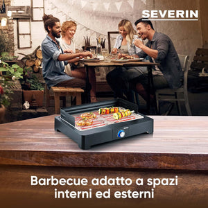 SEVERIN PG 8565 Barbecue elettrico 2200 W in acciaio inox regolabile fino a 250°, Grill elettrico per interni ed esterni con LED, Griglia da tavolo o balcone, fumo e odori ridotti, Nero