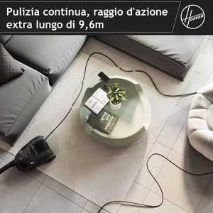 Hoover HP1 potente aspirapolvere senza sacchetto per pavimenti duri e tappeti, filtro antipolvere EPA, grande contenitore 2L, accessori integrati, raggio di lavoro 7,5 m