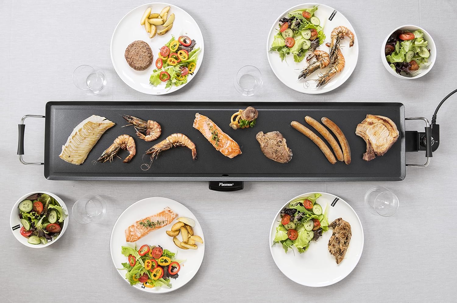 Bestron Piastra elettrica per grigliare, XXXL Plancha piastra con rivestimento antiaderente, divertimento alla griglia per un massimo di 10 persone, superficie di cottura extra-lunga, colore: nero