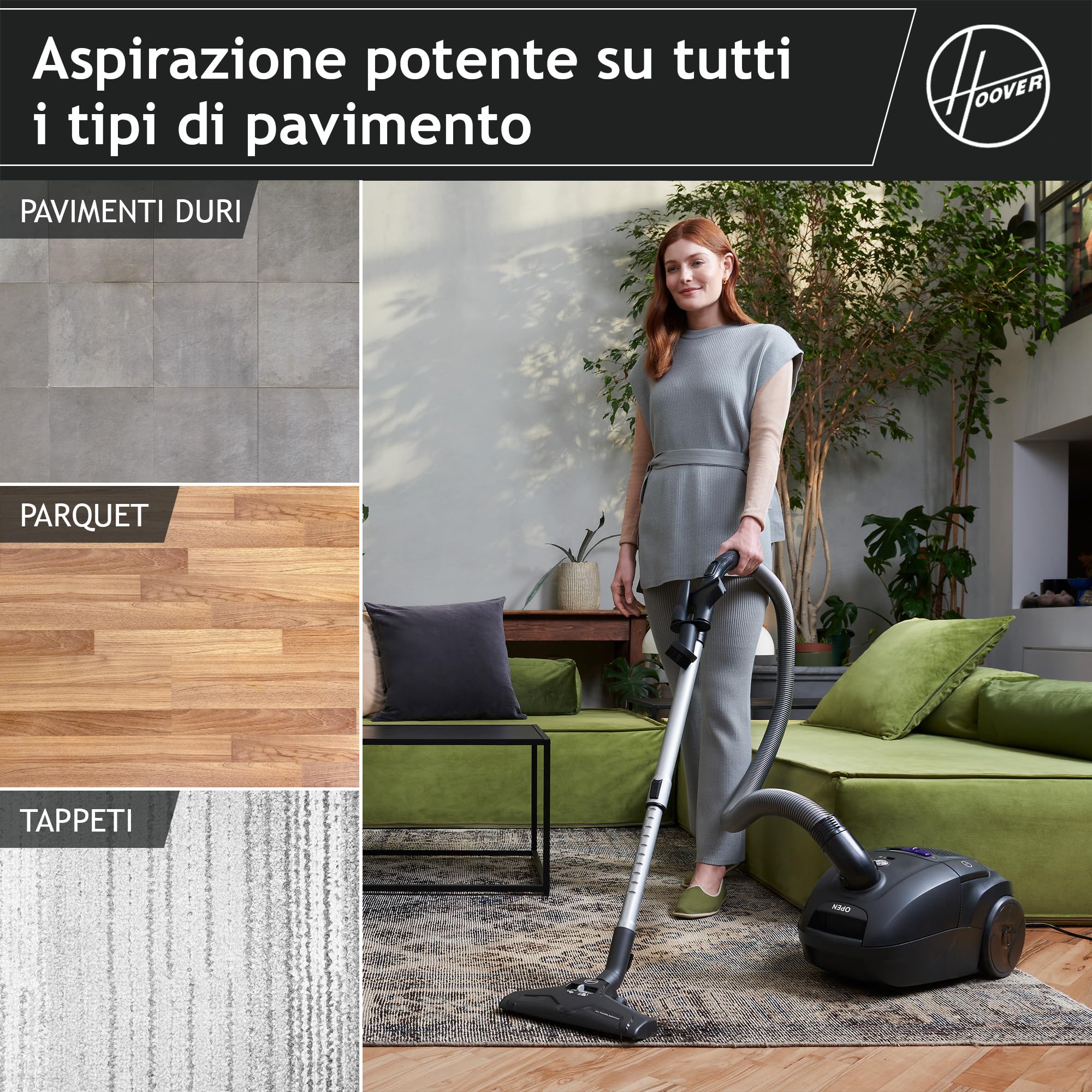 Hoover HP1 potente aspirapolvere senza sacchetto per pavimenti duri e tappeti, filtro antipolvere EPA, grande contenitore 2L, accessori integrati, raggio di lavoro 7,5 m