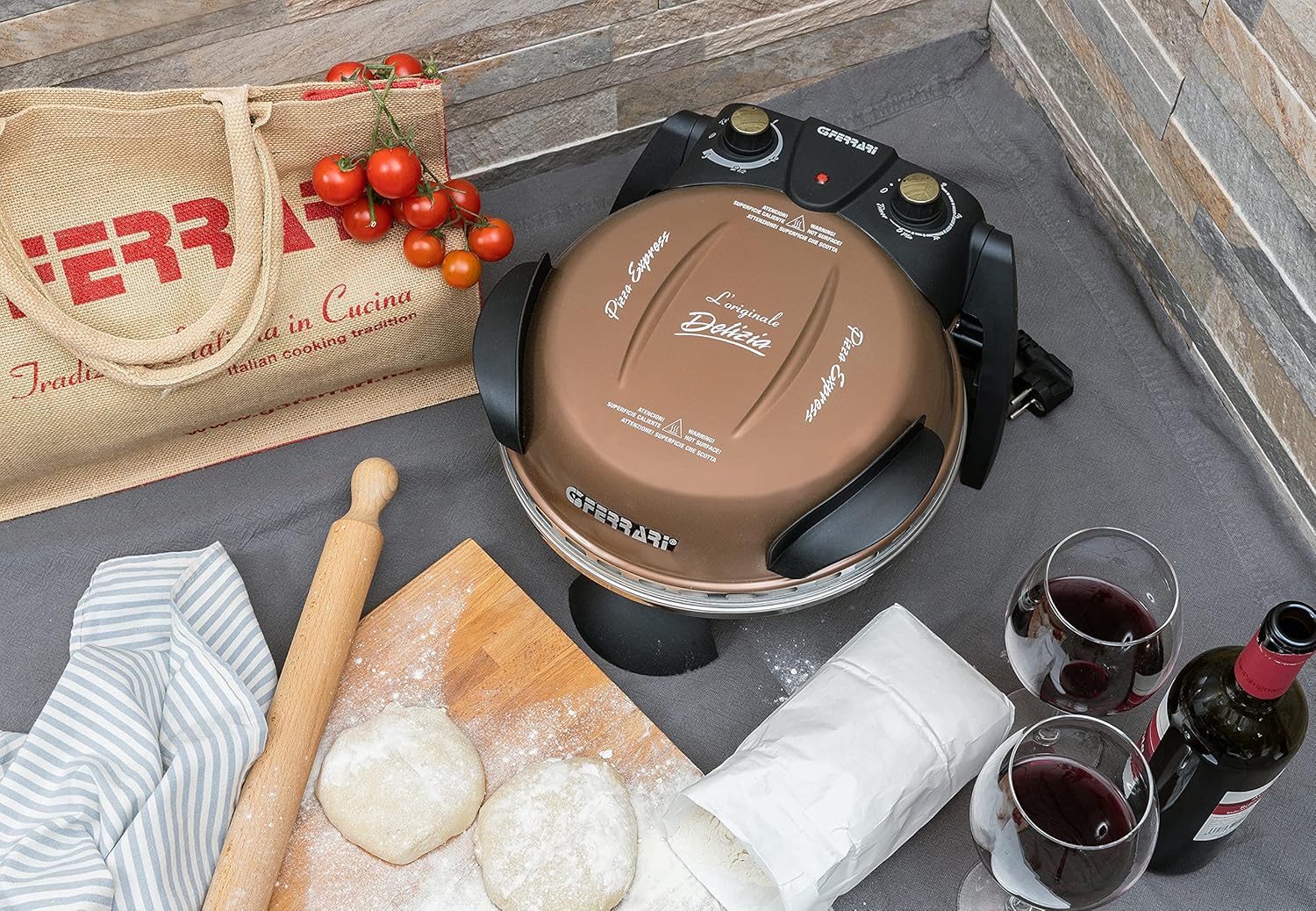 G3 Ferrari G10006 Pizza Express Delizia, Forno Pizza, 1200 W, 400°C, Pizza fragrante in 5 minuti, Ricettario incluso, Rame