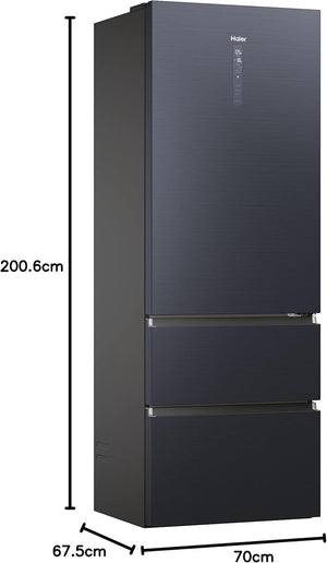 Haier 3D 70 Serie 7 Frigorifero Combinato a 3 Porte, 483 Litri, Cassetti Easy Access, No Frost, Connessione Wi-Fi e Bluethooth, Classe E, Libera Installazione, 70 x 67,5 x 200,6 cm, Nero - HTW7720ENMB