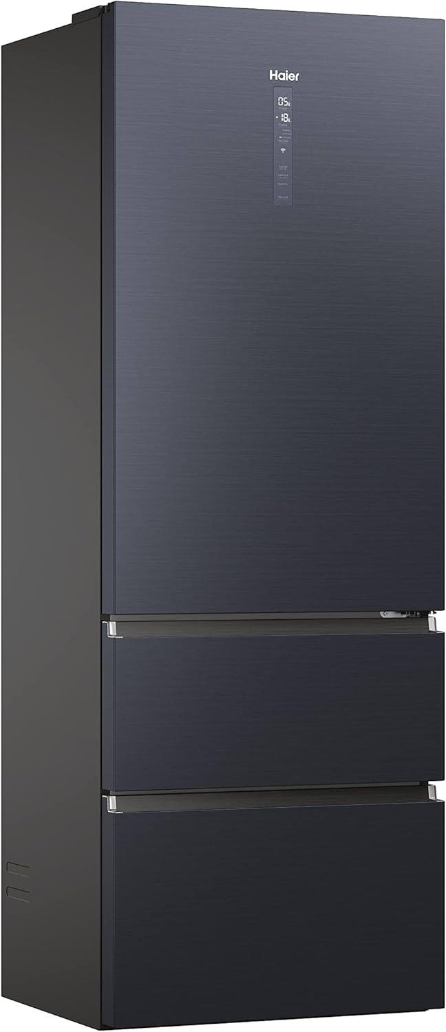 Haier 3D 70 Serie 7 Frigorifero Combinato a 3 Porte, 483 Litri, Cassetti Easy Access, No Frost, Connessione Wi-Fi e Bluethooth, Classe E, Libera Installazione, 70 x 67,5 x 200,6 cm, Nero - HTW7720ENMB