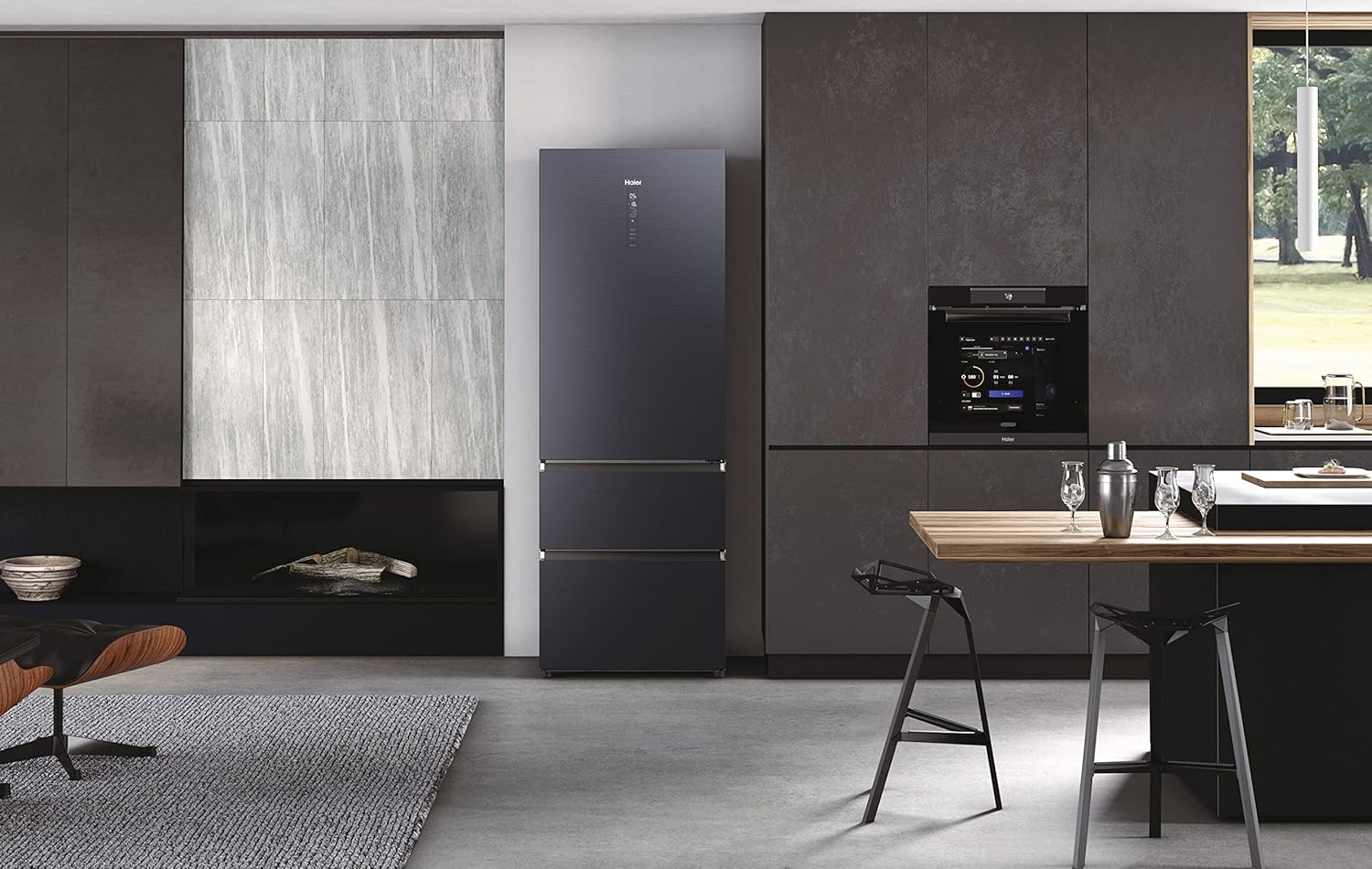 Haier 3D 70 Serie 7 Frigorifero Combinato a 3 Porte, 483 Litri, Cassetti Easy Access, No Frost, Connessione Wi-Fi e Bluethooth, Classe E, Libera Installazione, 70 x 67,5 x 200,6 cm, Nero - HTW7720ENMB