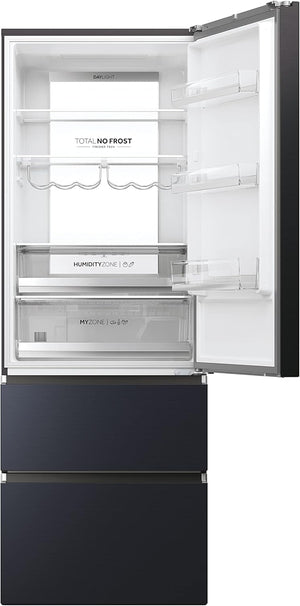 Haier 3D 70 Serie 7 Frigorifero Combinato a 3 Porte, 483 Litri, Cassetti Easy Access, No Frost, Connessione Wi-Fi e Bluethooth, Classe E, Libera Installazione, 70 x 67,5 x 200,6 cm, Nero - HTW7720ENMB