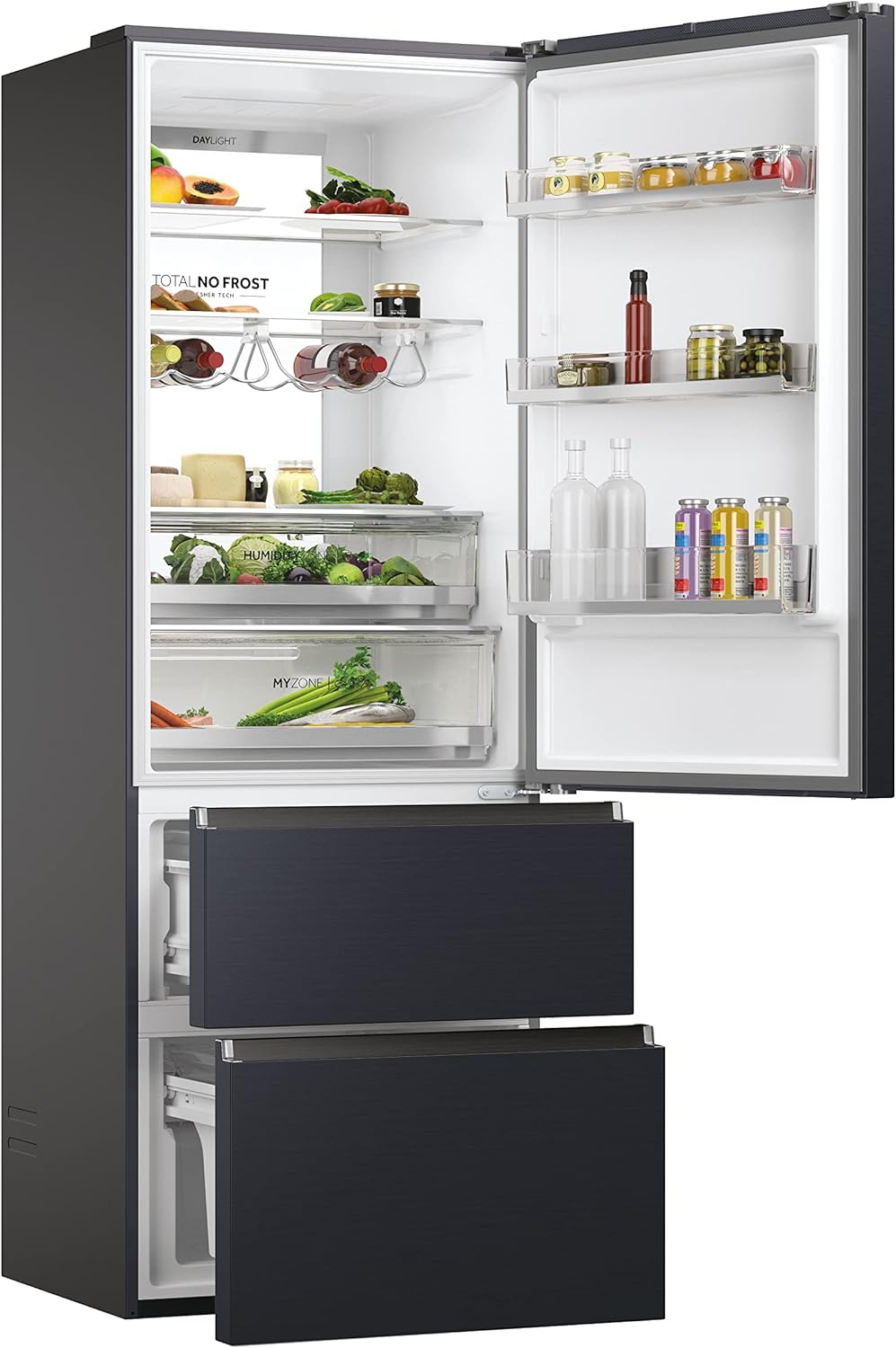 Haier 3D 70 Serie 7 Frigorifero Combinato a 3 Porte, 483 Litri, Cassetti Easy Access, No Frost, Connessione Wi-Fi e Bluethooth, Classe E, Libera Installazione, 70 x 67,5 x 200,6 cm, Nero - HTW7720ENMB