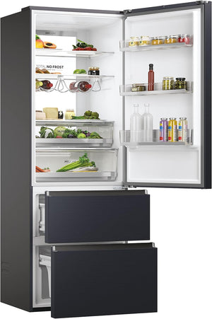 Haier 3D 70 Serie 7 Frigorifero Combinato a 3 Porte, 483 Litri, Cassetti Easy Access, No Frost, Connessione Wi-Fi e Bluethooth, Classe E, Libera Installazione, 70 x 67,5 x 200,6 cm, Nero - HTW7720ENMB