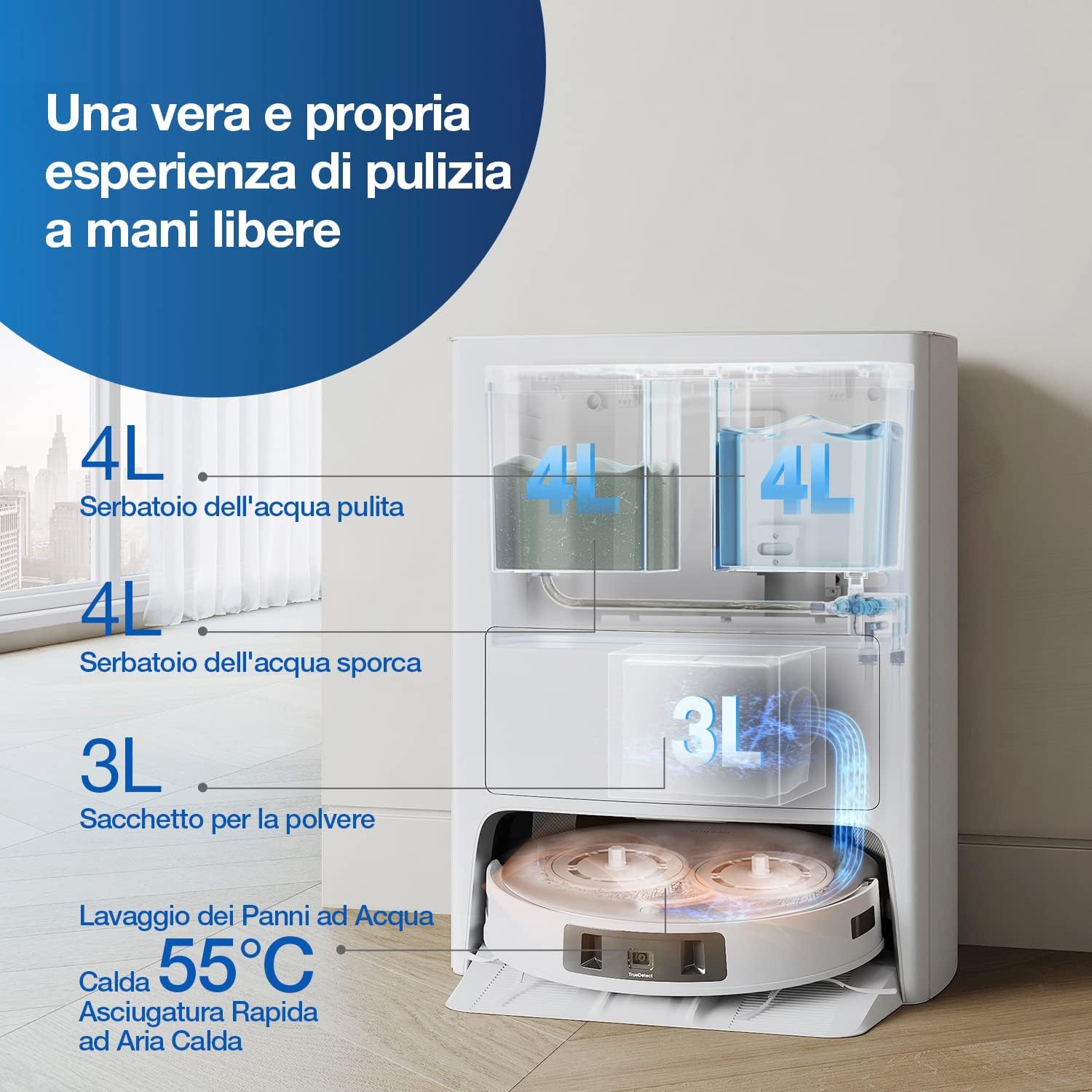 ECOVACS DEEBOT T20 OMNI Robot Aspirapolvere Lavapavimenti 6000Pa con Stazione Svuota Polvere e Pulizia Sollevamento